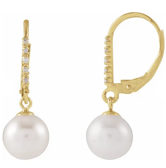 14K Yellow Cultured White Freshwater Pearl & .05 CTW Natural Diamond Lever Back Earrings