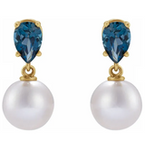 14K Yellow Cultured White Akoya Pearl & Natural London Blue Earrings