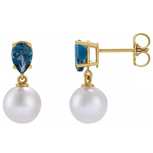 14K Yellow Cultured White Akoya Pearl & Natural London Blue Earrings