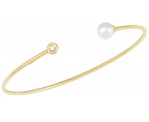 14K Yellow Cultured White Freshwater Pearl & .03 CT Natural Diamond Cuff 7" Bracelet