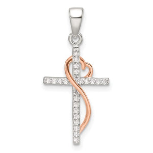 Sterling Silver Rose-tone Polished Heart Cross Necklace