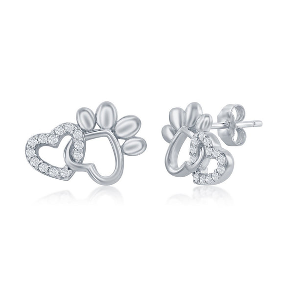 Sterling Silver Puppy Paw And Heart Earring